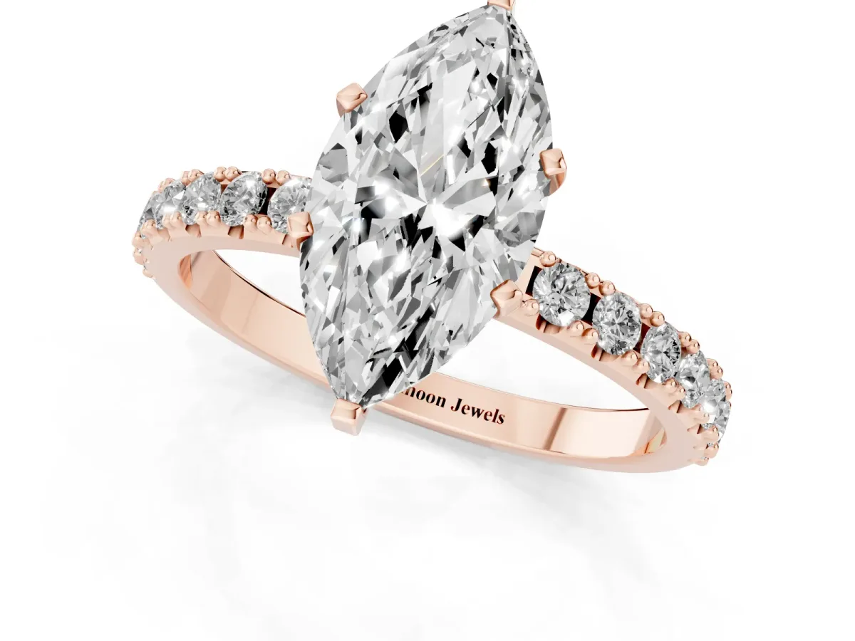 Marquise Cut Diamond Solitaire Pavé Band with Four-Prong Setting Rose gold