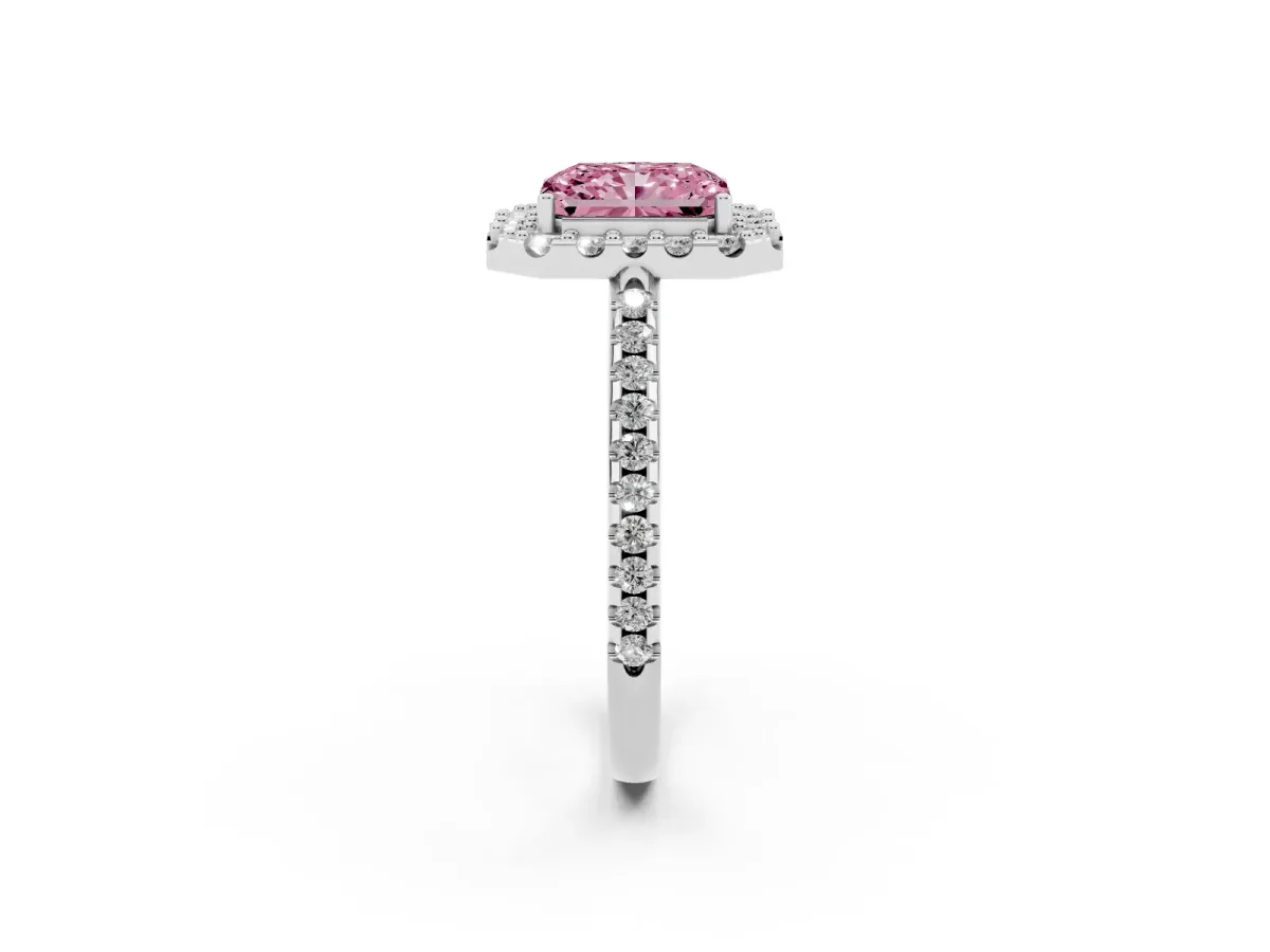 Fancy Pink Radiant Cut Diamond Pavé Halo Ring with Four-Prong Setting Silver