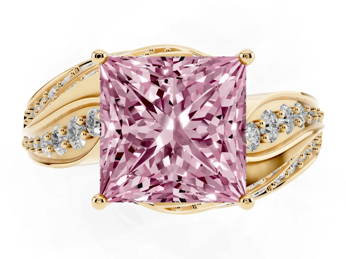 Fancy Pink Princess Cut Diamond Solitaire Ring with Prong Setting and Twisted Pavé Band Yellow gold