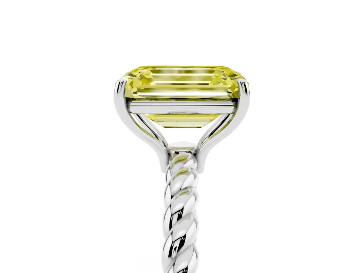 Fancy Yellow Emerald Cut Solitaire Twist Band Ring with Four-Prong Setting Platinum