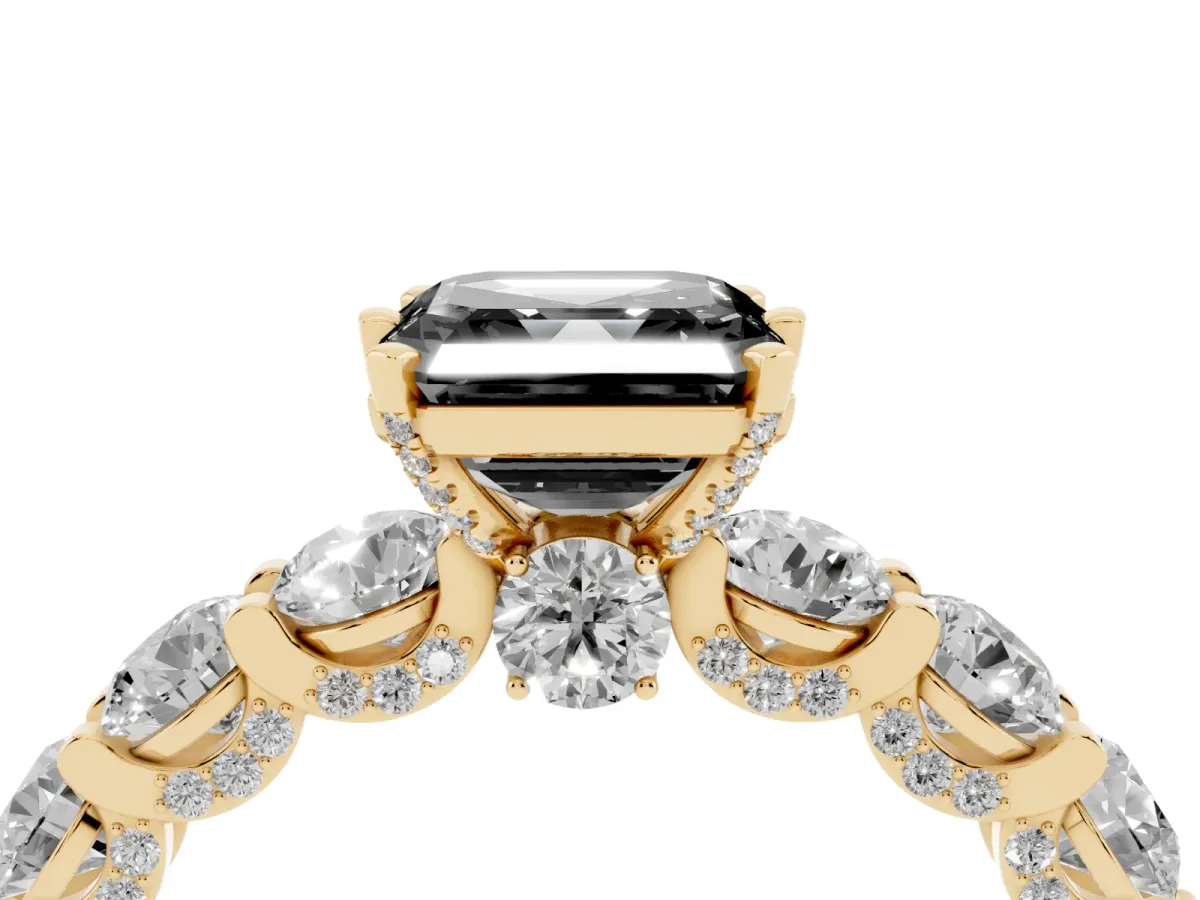 Fancy Black Asscher Cut Diamond Side Stone Engagement Ring with Four-Prong Setting Yellow gold