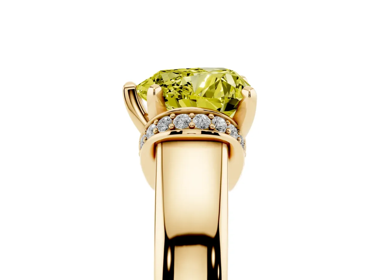 Fancy Yellow Heart Cut Solitaire Diamond Ring with Pave Band and Six-Prong Setting Yellow gold