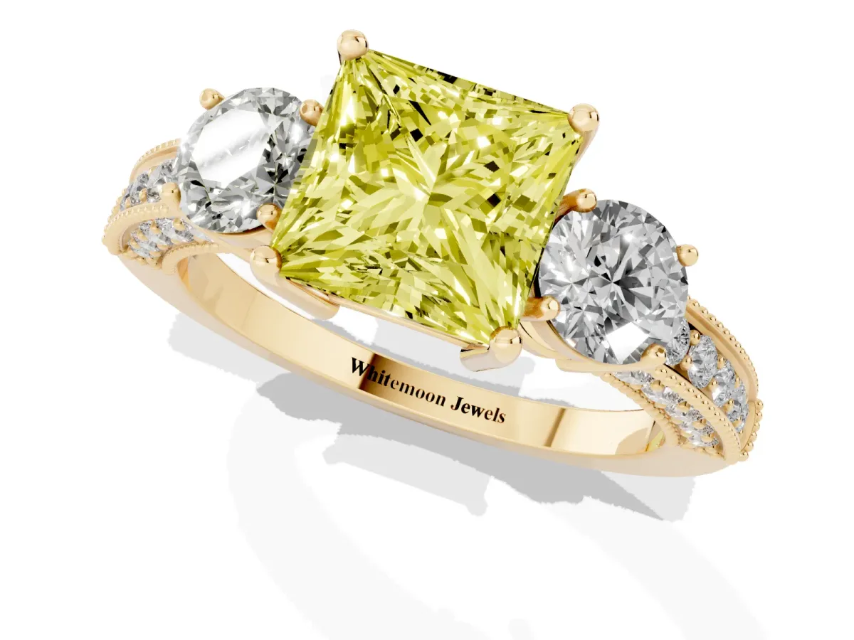 Fancy Yellow Princess Cut Three-Stone Diamond Ring with Pavé Band and Four-Prong Setting Yellow gold