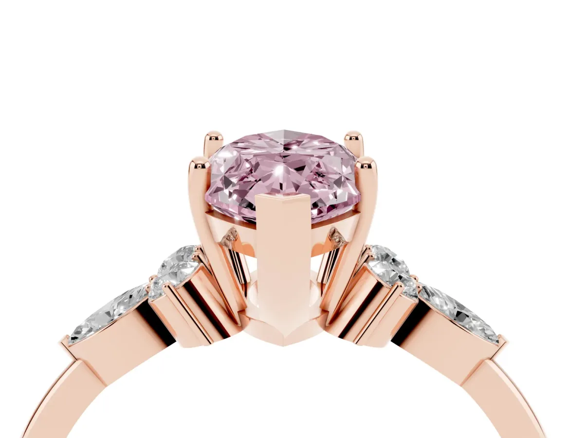 Fancy Pink Marquise Cut Brilliant Diamond Solitaire Ring with Pear Side Stones and Four-Prong Setting Rose gold