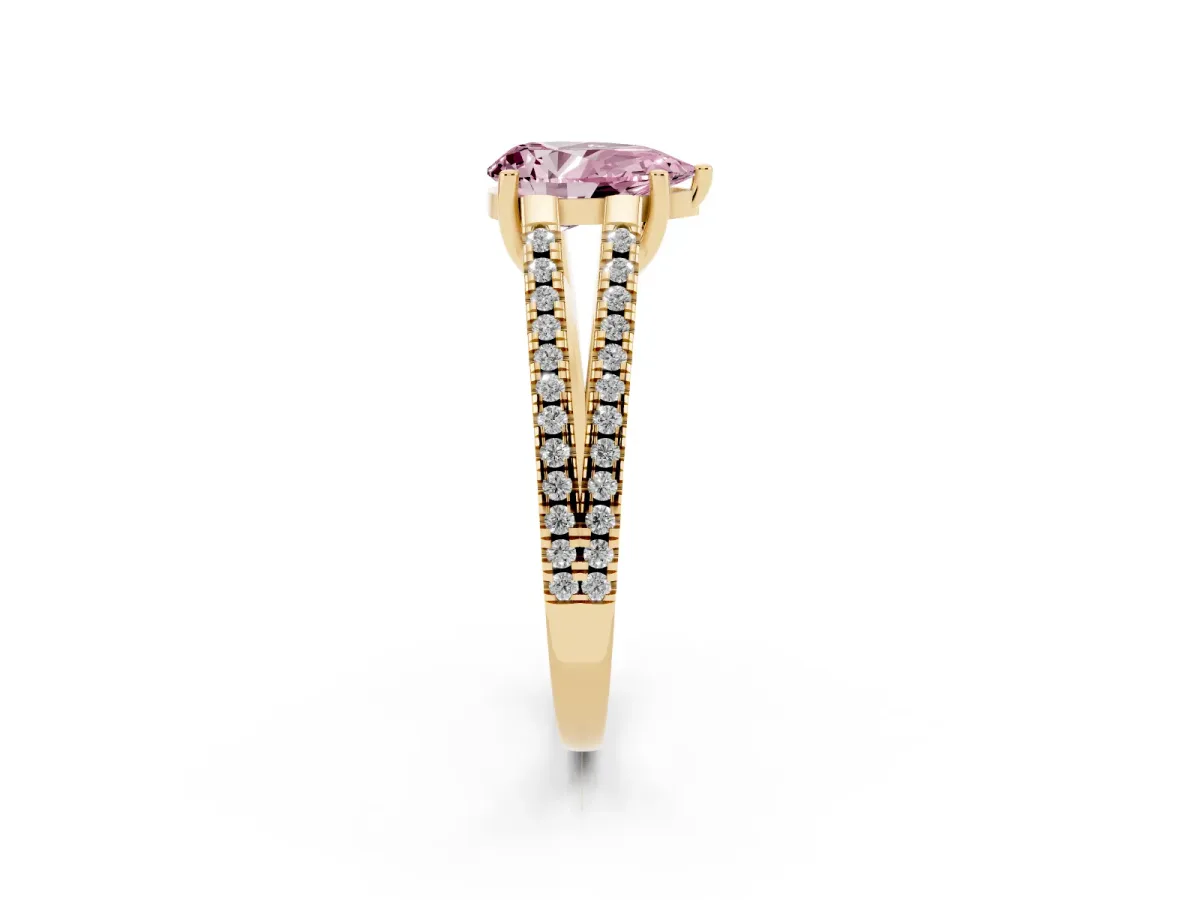 Fancy Pink Pear Cut Diamond Solitaire Engagement Ring with Split Shank Pavé Band Yellow gold