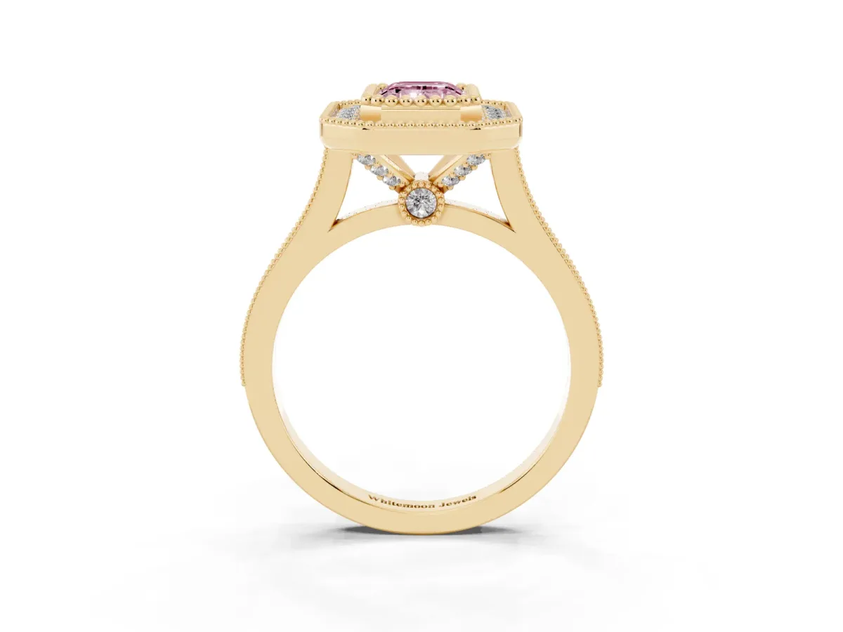 Fancy Pink Emerald Cut Diamond Halo Ring with Milgrain Frame and Pavé Band Yellow gold