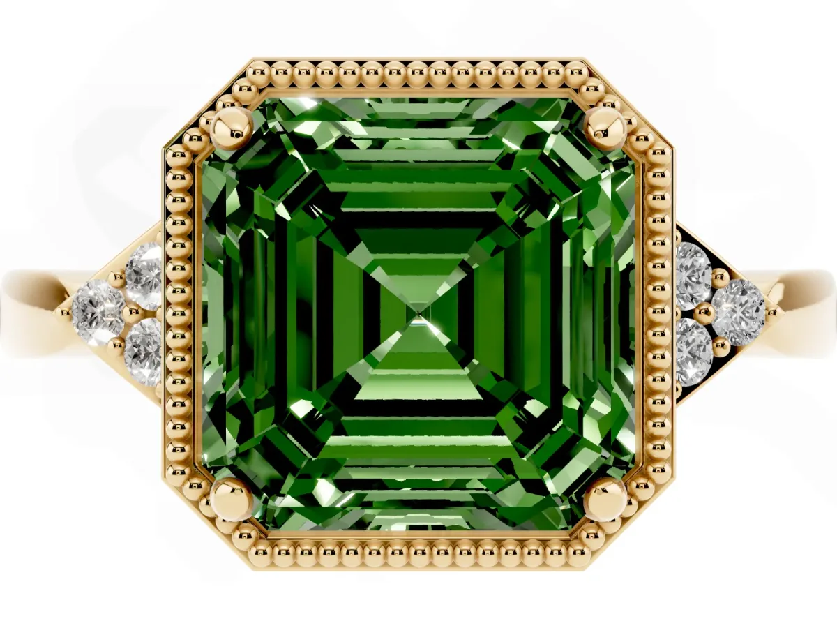 Fancy Green Milgrain Asscher Cut Cut Diamond Ring with Tapered Pave Band and Four Prong Setting Yellow gold