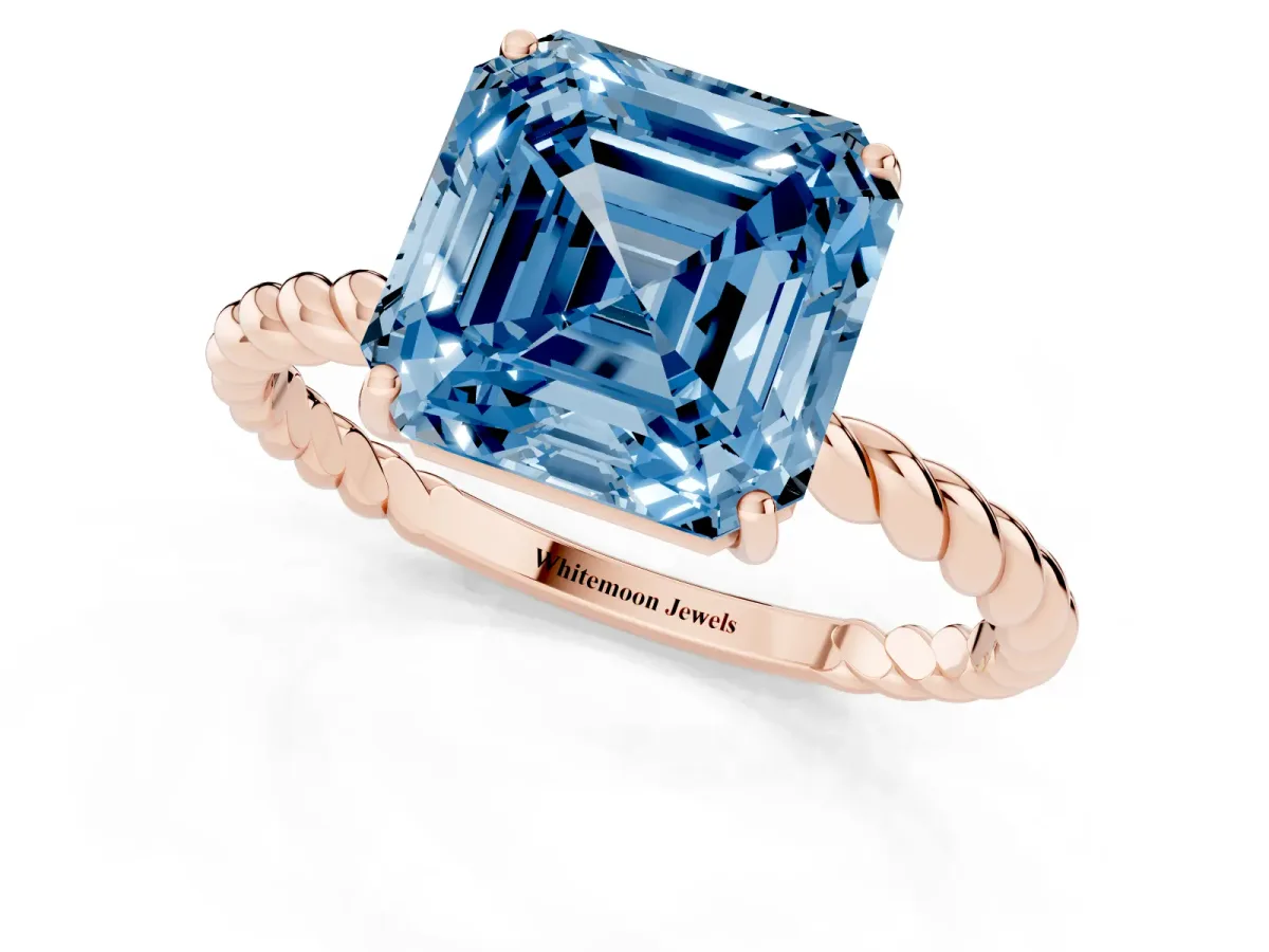 Fancy Blue Asscher Cut Solitaire Twist Band Ring with Four-Prong Setting Rose gold