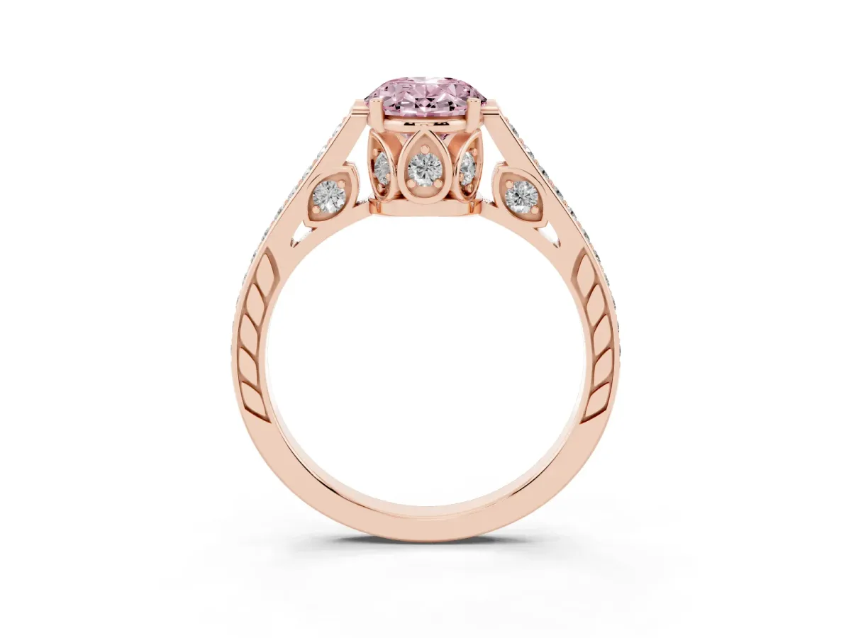 Fancy Pink Oval Cut Cut Cathedral Pave Diamond Engagement Ring with Six-Prong Setting Rose gold