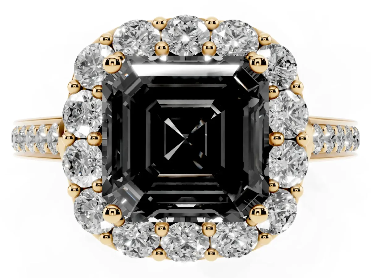Fancy Black Asscher Cut Diamond Floral Halo Ring with Pavé Band and Prong Setting Yellow gold