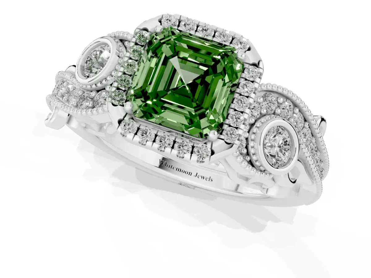 Fancy Green Asscher Cut Halo Diamond Ring with Milgrain and Bezel Accents on a Split Shank Band White gold