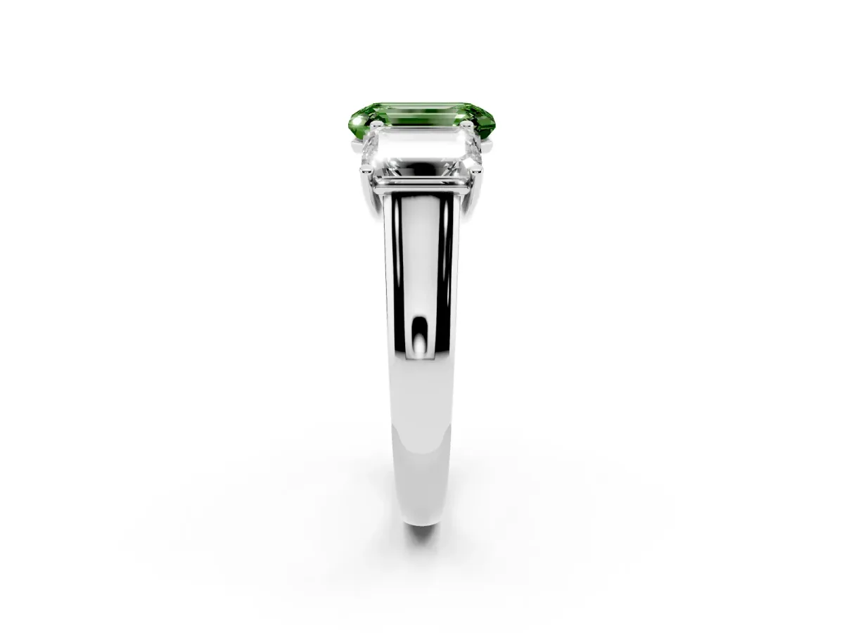Fancy Green Emerald Cut Three-Stone Diamond Ring with Prong Setting on a Classic Band Silver