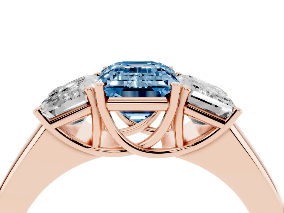 Fancy Blue Three-Stone Emerald Cut Cut Diamond Ring with Prong Setting and Classic Band Rose gold