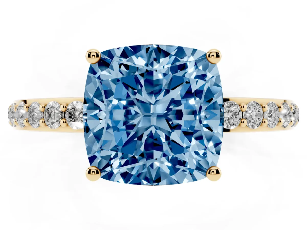 Fancy Blue Cushion Cut Diamond Solitaire Ring with Pavé Band and Hidden Halo Yellow gold