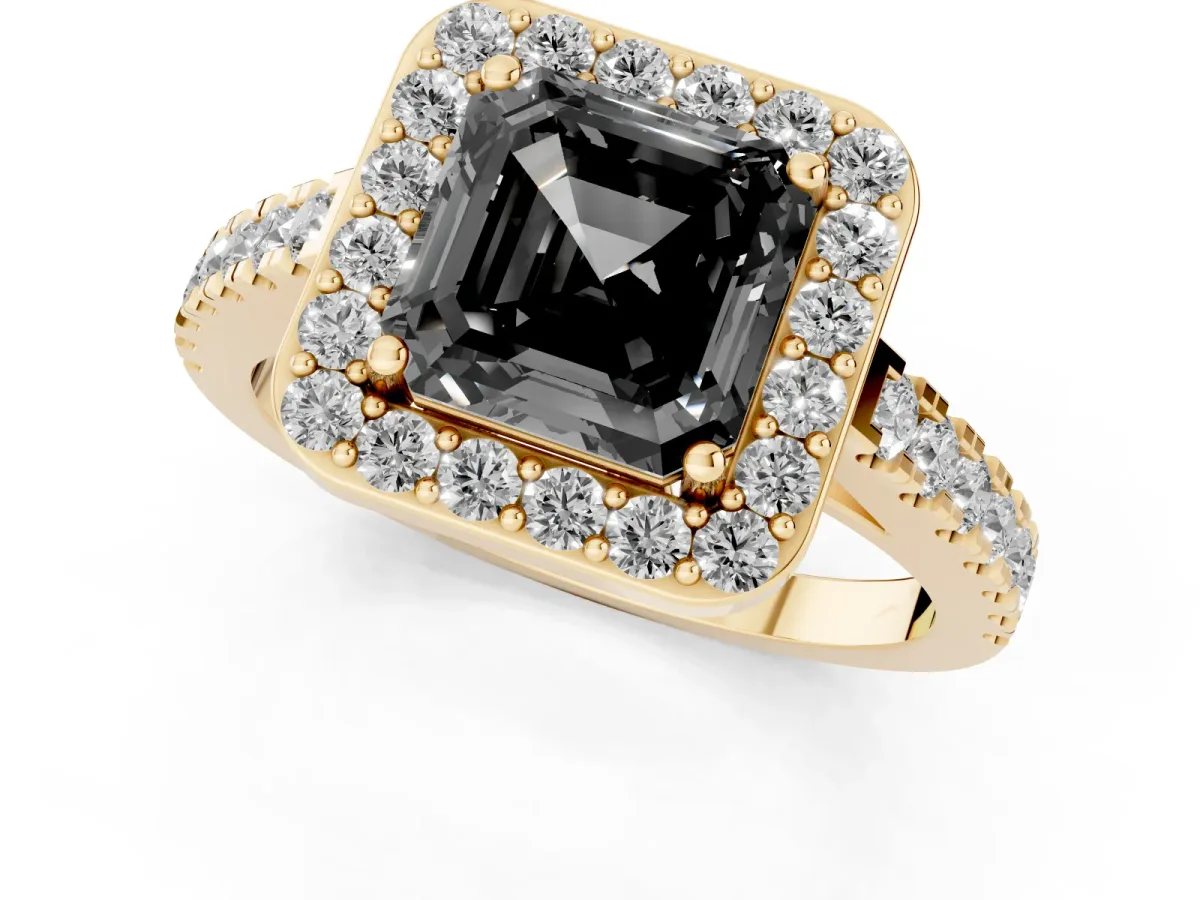 Fancy Black Asscher Cut Diamond Halo Ring with Round Pavé Split Shank and Prong Setting Yellow gold