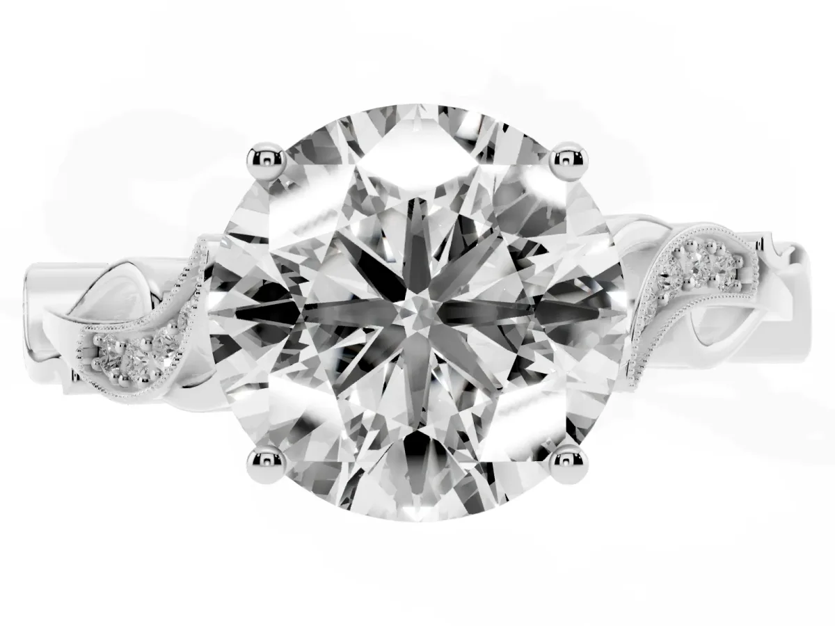 Round Cut Solitaire Vine Band with Milgrain Prong Setting White gold