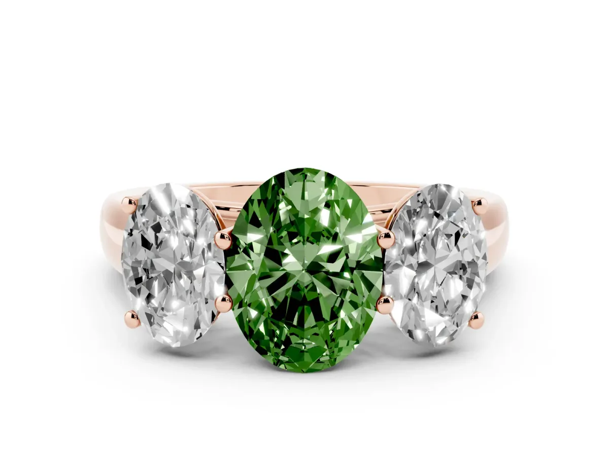 Fancy Green Oval Cut Three-Stone Diamond Ring with Prong Setting on a Classic Band Rose gold