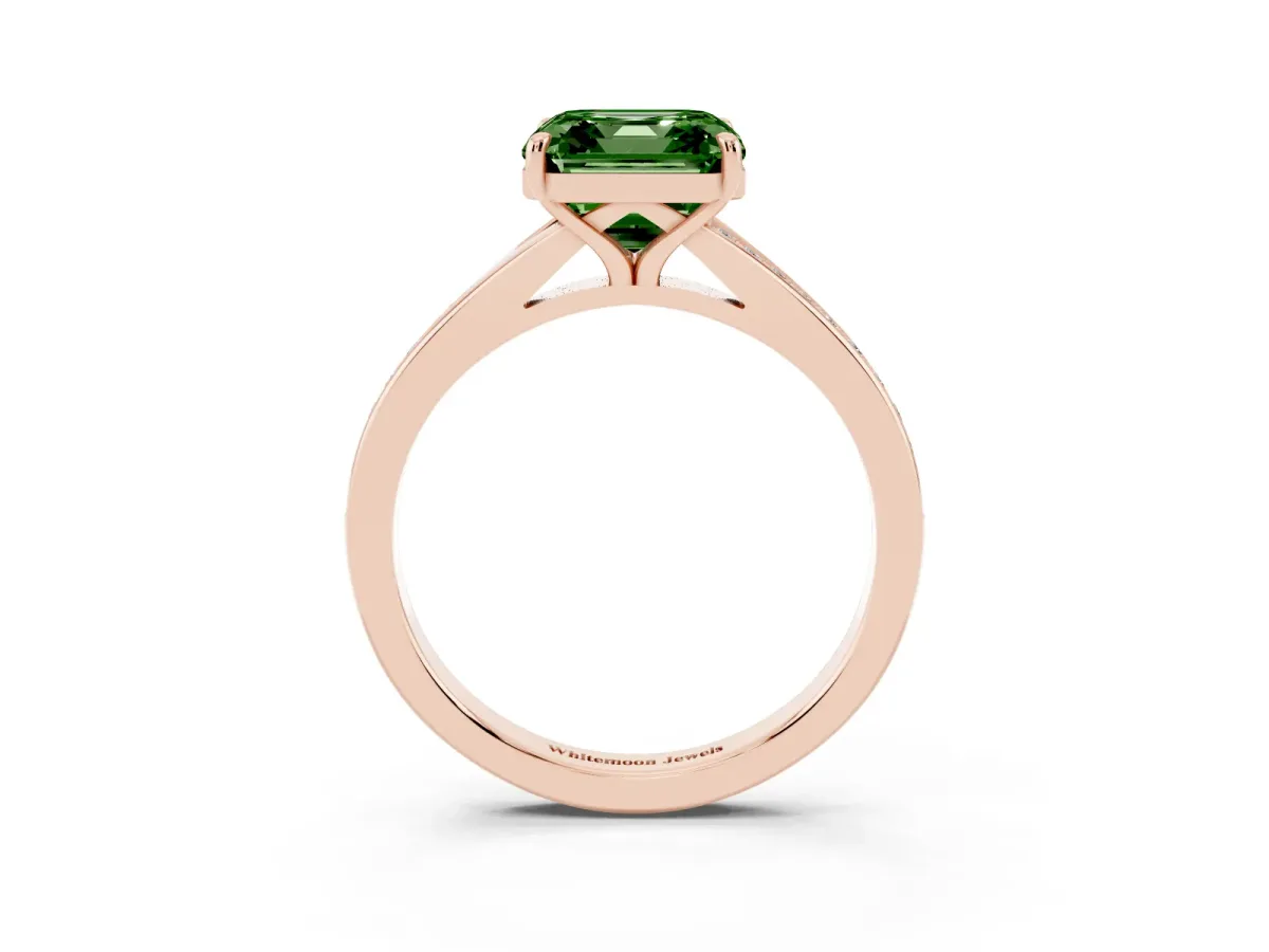 Fancy Green Asscher Cut Diamond Solitaire Ring with Pavé Band and Prong Setting Rose gold