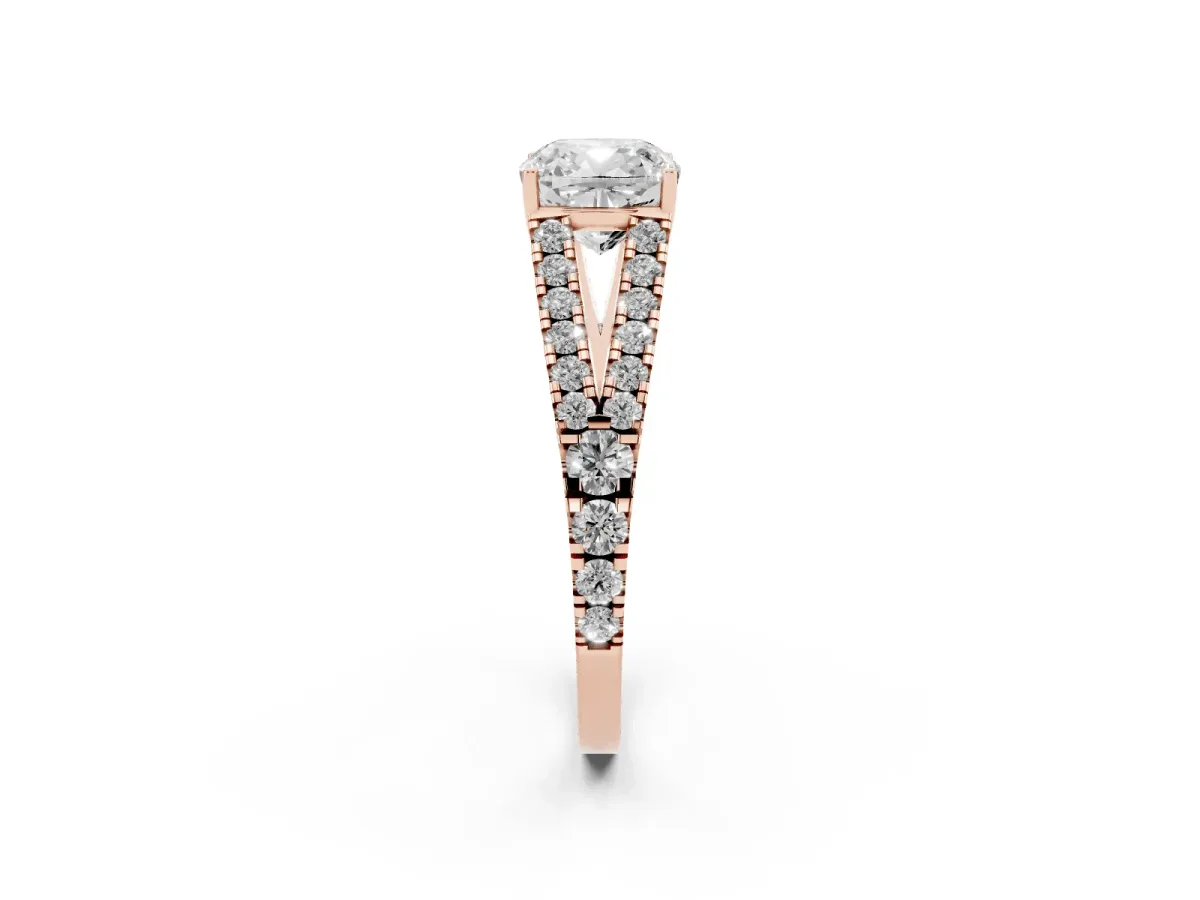 Cushion Cut Diamond Split Shank Pavé Engagement Ring with Four-Prong Setting Rose gold