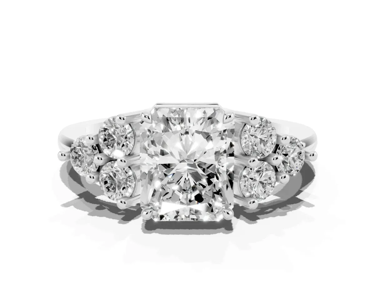 Radiant Cut Brilliant Diamond Cluster Accent Solitaire Ring with Prong Setting Silver