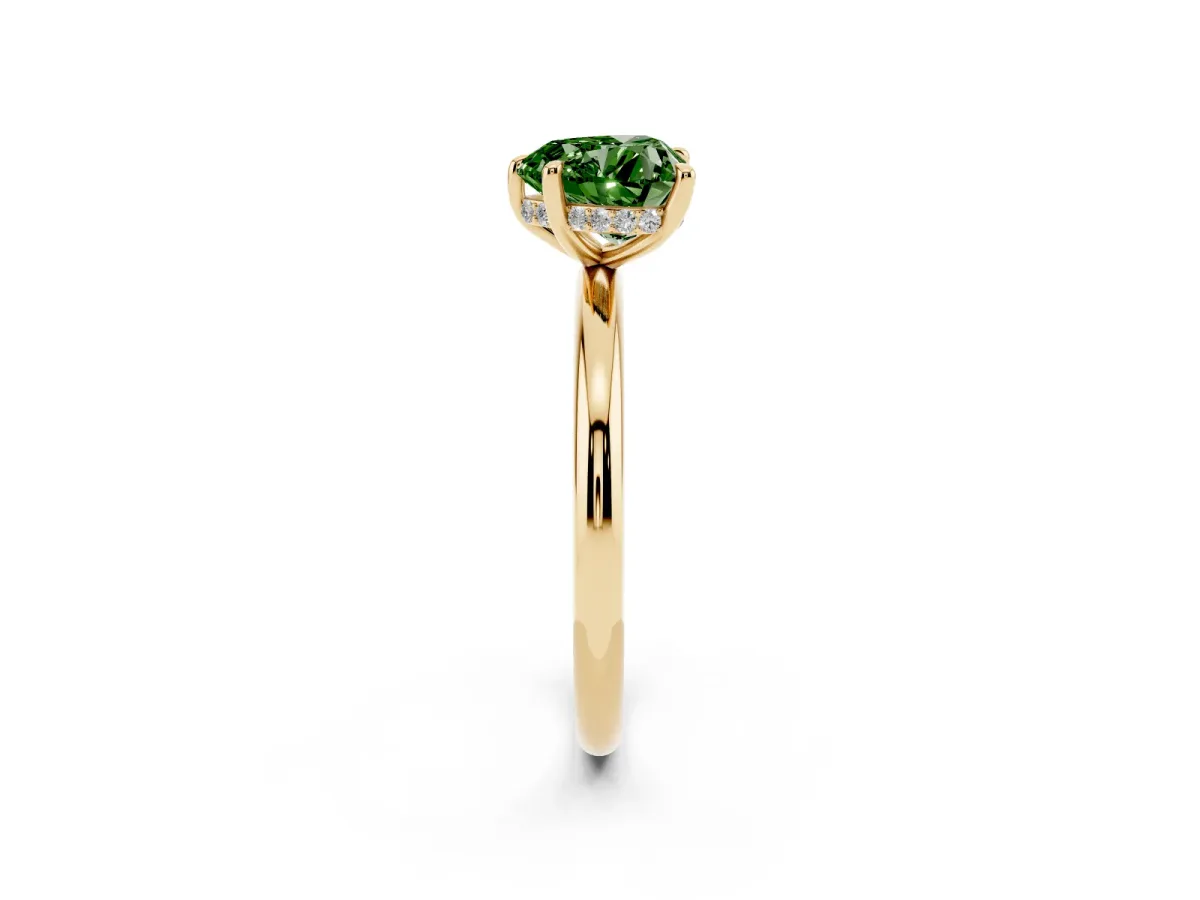 Fancy Green Heart Cut Diamond Solitaire Ring with Thin Band and Four-Prong Setting Yellow gold