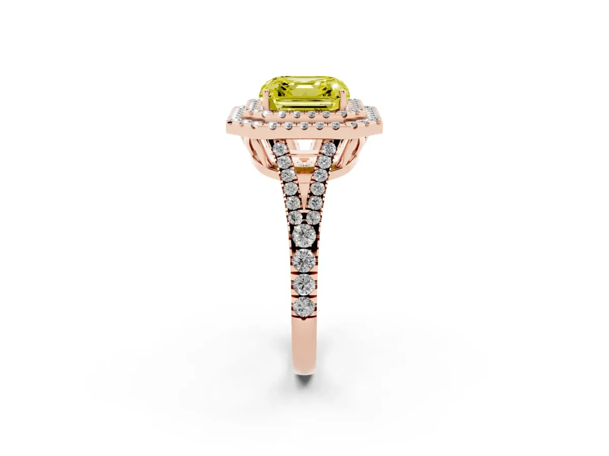 Fancy Yellow Asscher Cut Diamond Double Halo Ring with Pavé Band and Prong Setting Rose gold