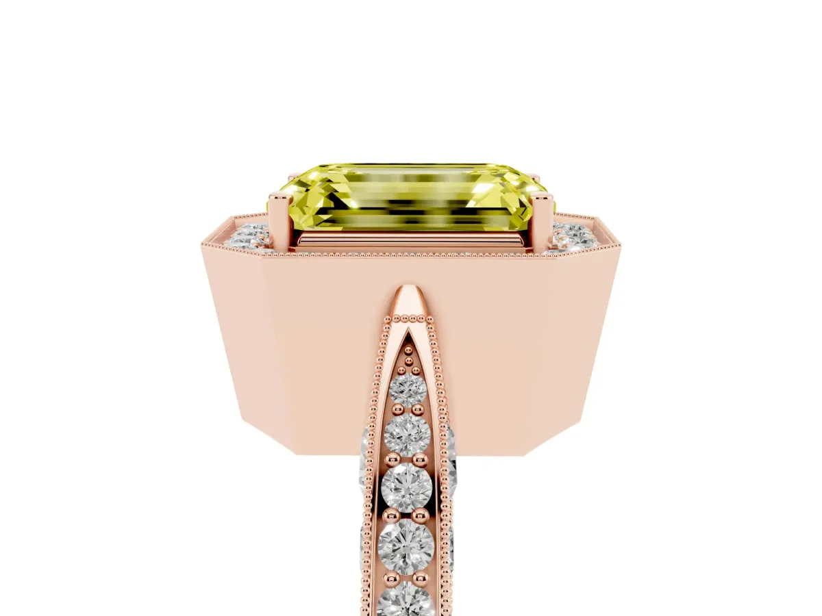Fancy Yellow Emerald Cut Halo Diamond Engagement Ring with Split Shank Band and Four-Prong Setting Rose gold