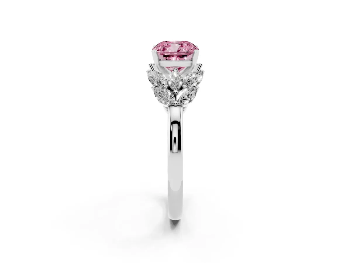 Fancy Pink Cushion Cut Diamond Cluster Leaf Design Ring with Prong Setting White gold