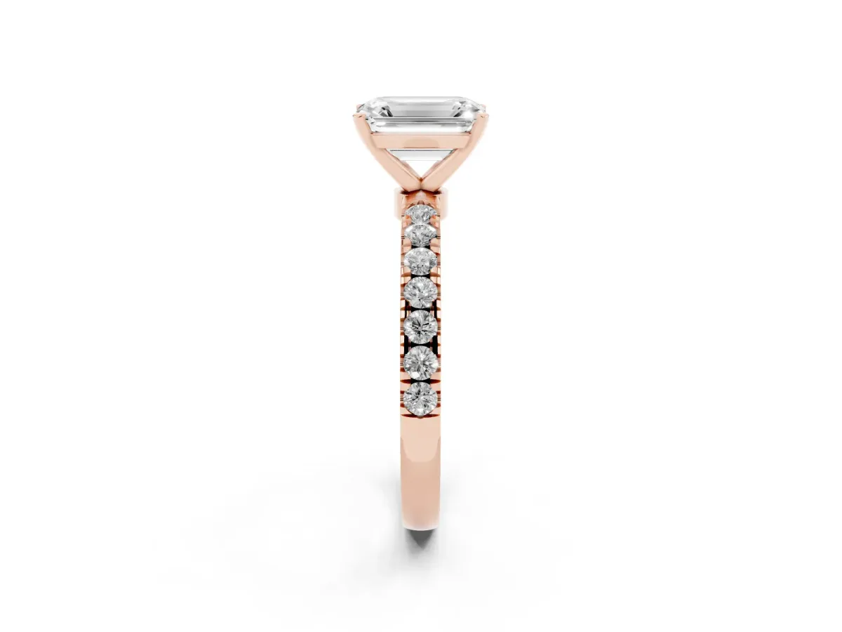 Emerald Cut Diamond Solitaire Ring with Pavé Accents and Four-Prong Setting Rose gold