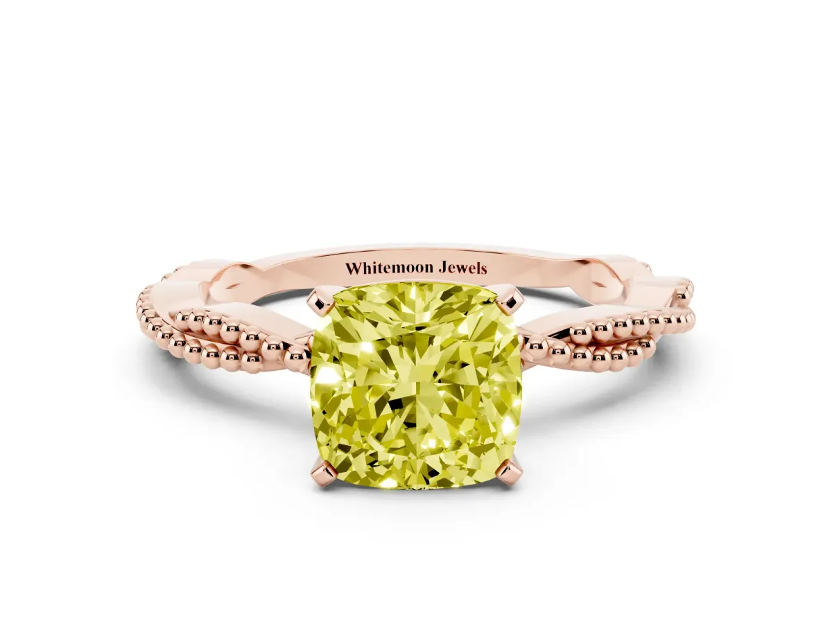 Fancy Yellow Cushion Cut Solitaire Twisted Band with Bead Prong Setting Rose gold