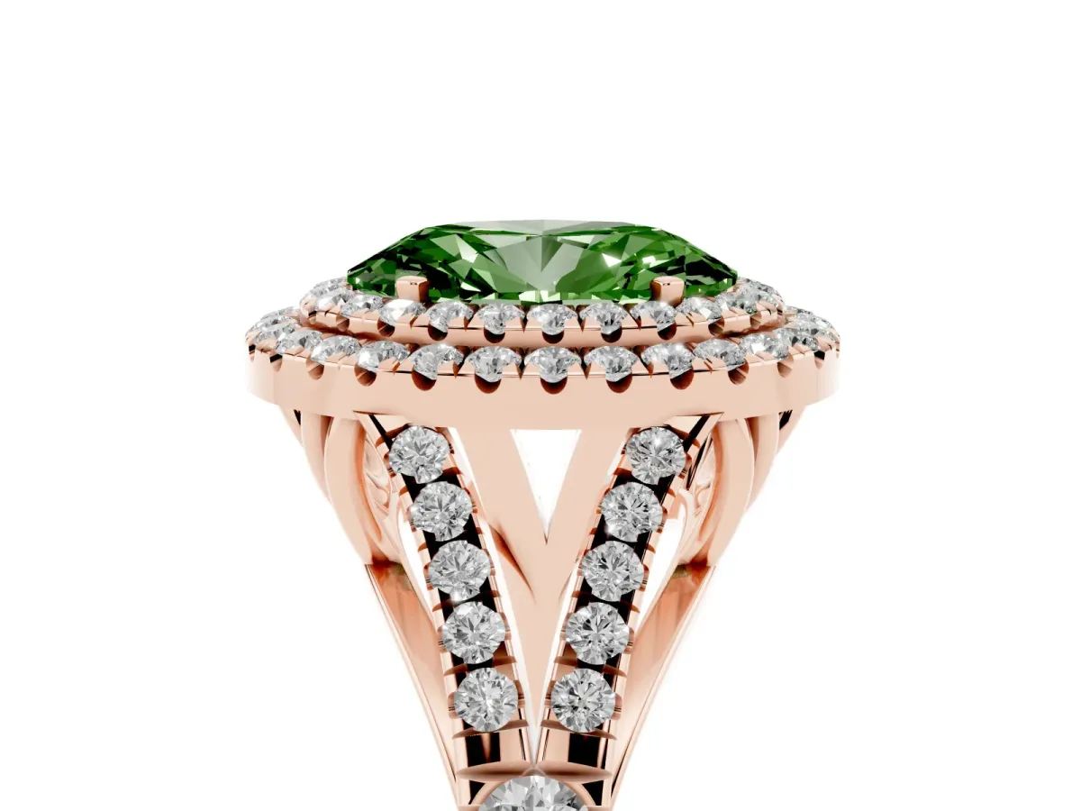 Fancy Green Oval Cut Cut Double Halo Split Shank Diamond Ring with Prong Setting Rose gold
