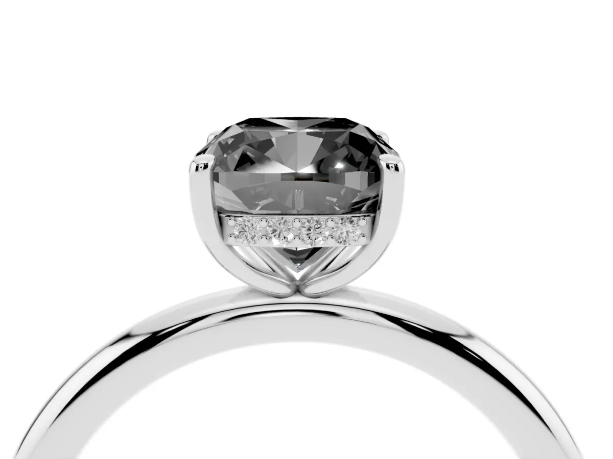 Fancy Black Cushion Cut Diamond Solitaire Ring with Thin Band and Four-Prong Setting Platinum
