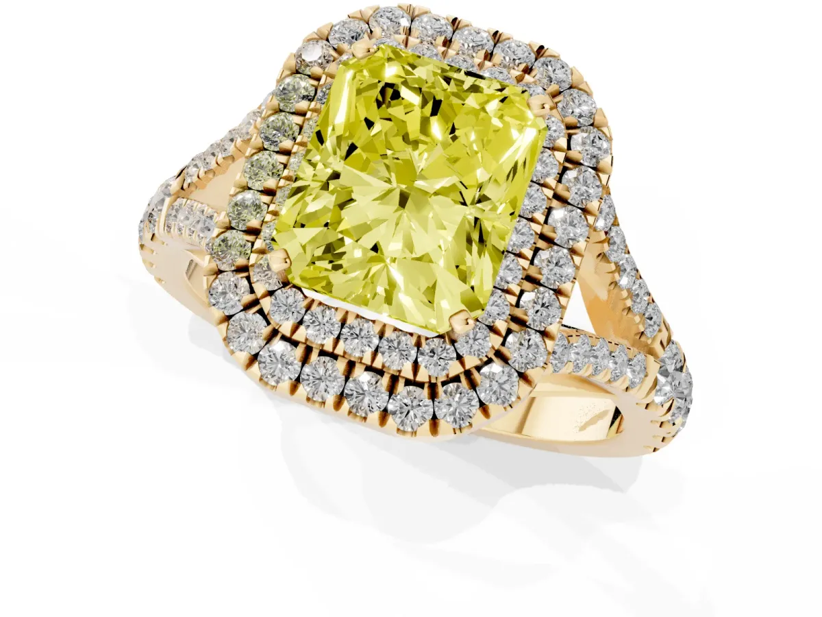 Fancy Yellow Radiant Cut Cut Double Halo Split Shank Diamond Ring with Prong Setting Yellow gold