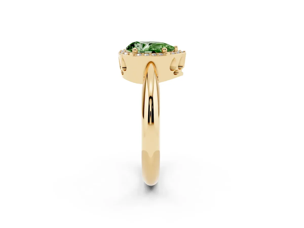 Fancy Green Pear Cut Cut Diamond Halo Engagement Ring with Split Shank and Four-Prong Setting Yellow gold