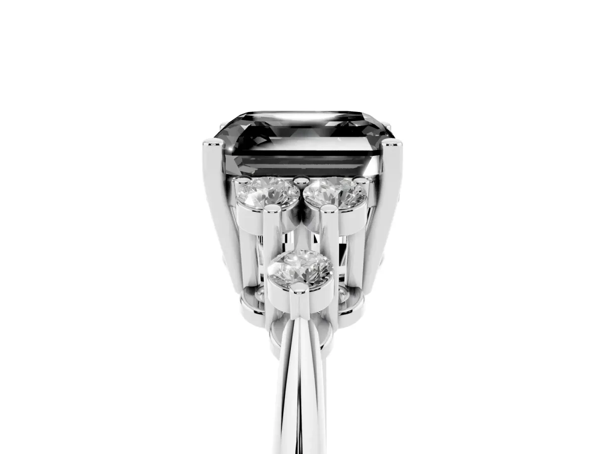 Fancy Black Asscher Cut Cut Diamond Cluster Ring with Solitaire Band and Four-Prong Setting Silver