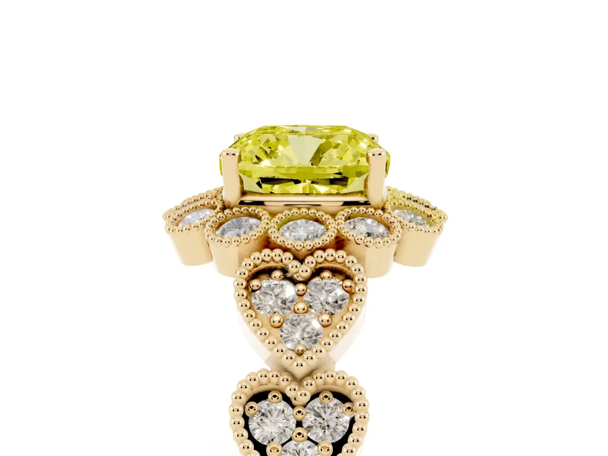Fancy Yellow Cushion Cut Brilliant Milgrain Pave Heart Band Solitaire Ring Yellow gold