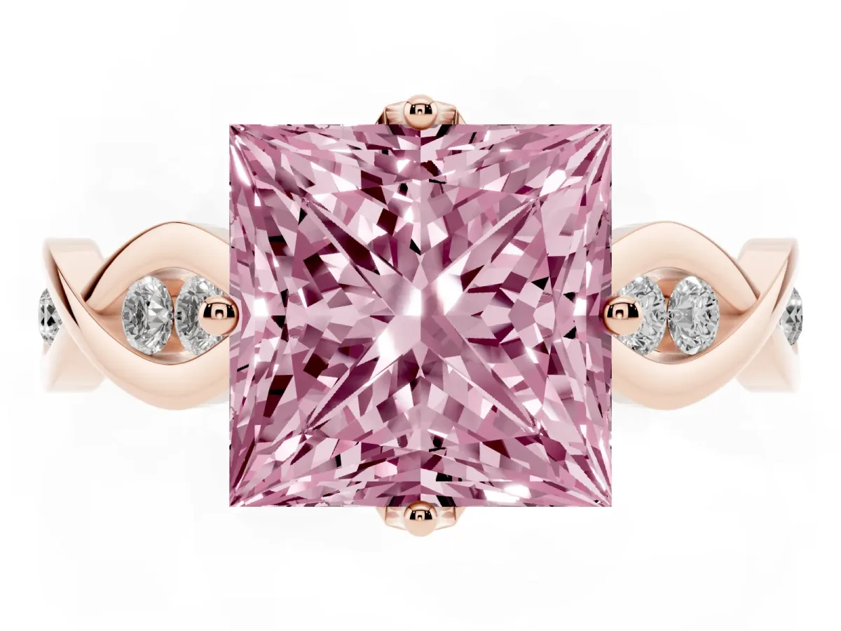 Fancy Pink Princess Cut Solitaire Twist Band with Leaf Prong Setting Rose gold
