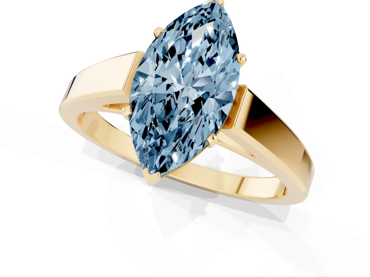 Fancy Blue Marquise Cut Solitaire Engagement Ring with Four-Prong Setting and Tapered Band Yellow gold
