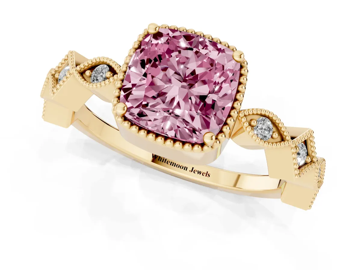 Fancy Pink Cushion Cut Milgrain Marquise Diamond Twist Band Ring Yellow gold
