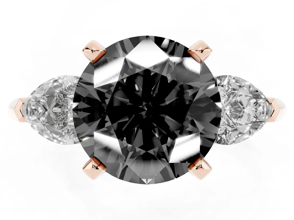 Fancy Black Three-Stone Round Cut Diamond Ring with Pear Side Stones and Four-Prong Setting Rose gold