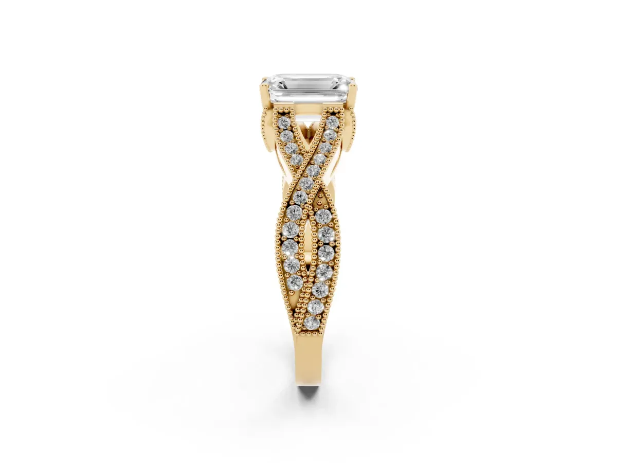 Emerald Cut Cut Diamond Twisted Band with Milgrain Pave Setting and Four-Prong Setting Yellow gold