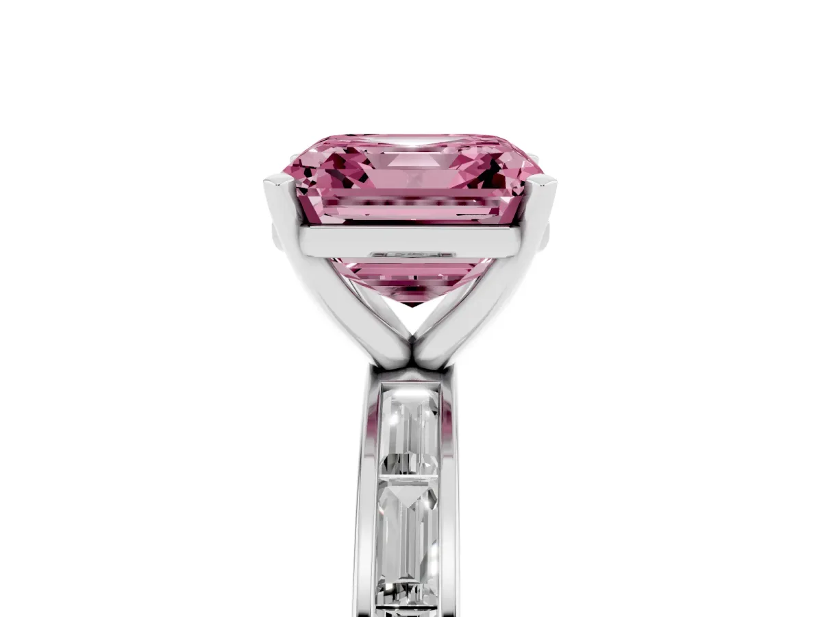 Fancy Pink Asscher Cut Solitaire Diamond Ring with Channel-Set Baguette Band and Four-Prong Setting White gold