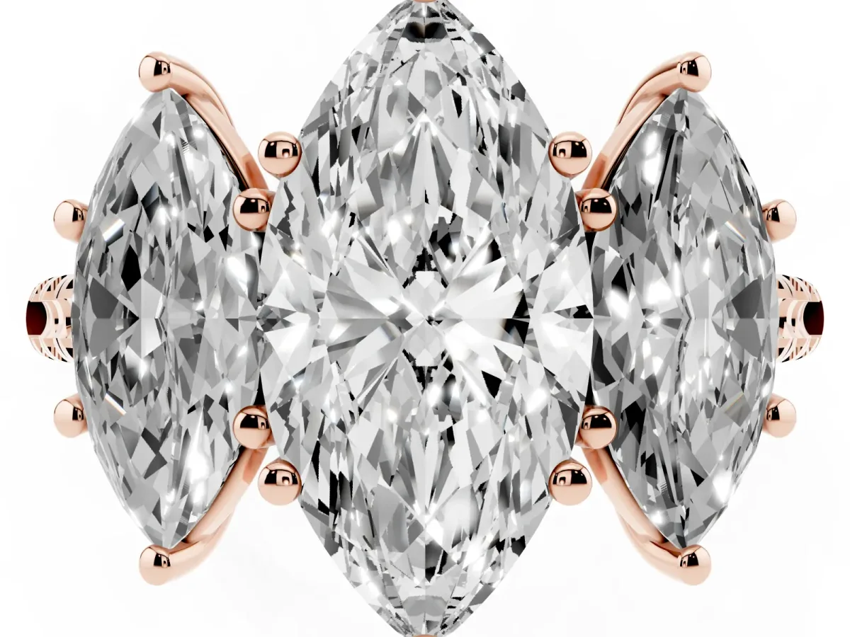 Three-Stone Marquise Cut Diamond Ring with Round Pavé Band and Prong Setting Rose gold