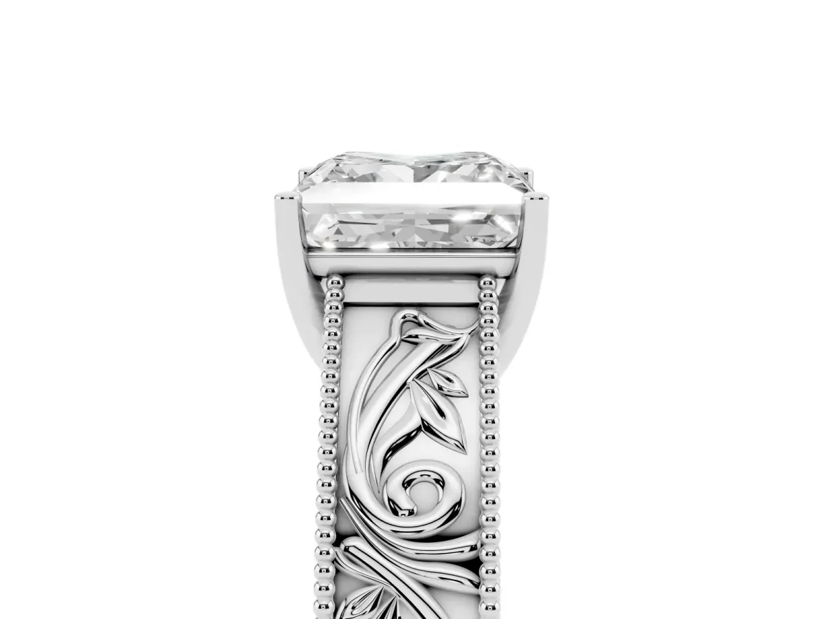 Princess Cut Diamond Solitaire Ring with Engraved Band and Four-Prong Setting White gold