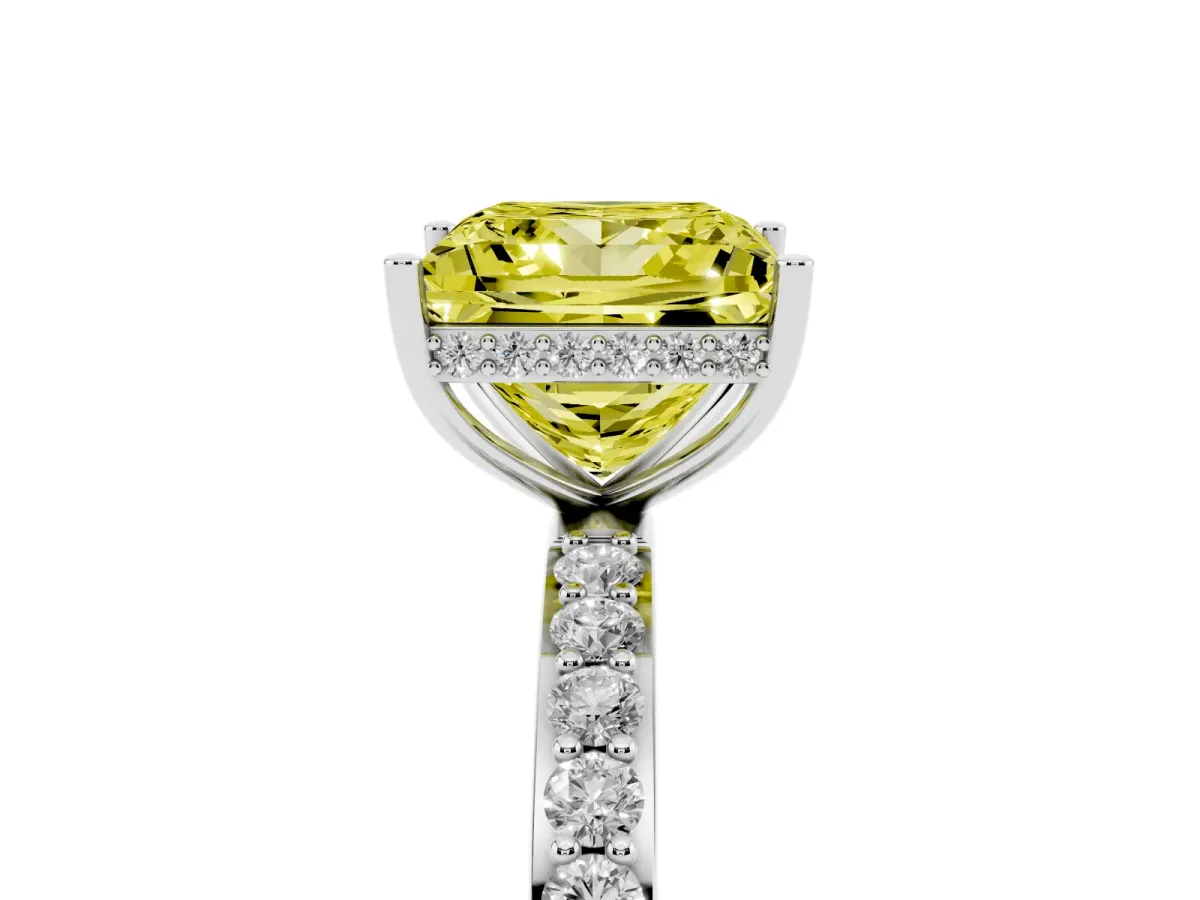 Fancy Yellow Princess Cut Diamond Solitaire Ring with Pavé Band and Hidden Halo Silver