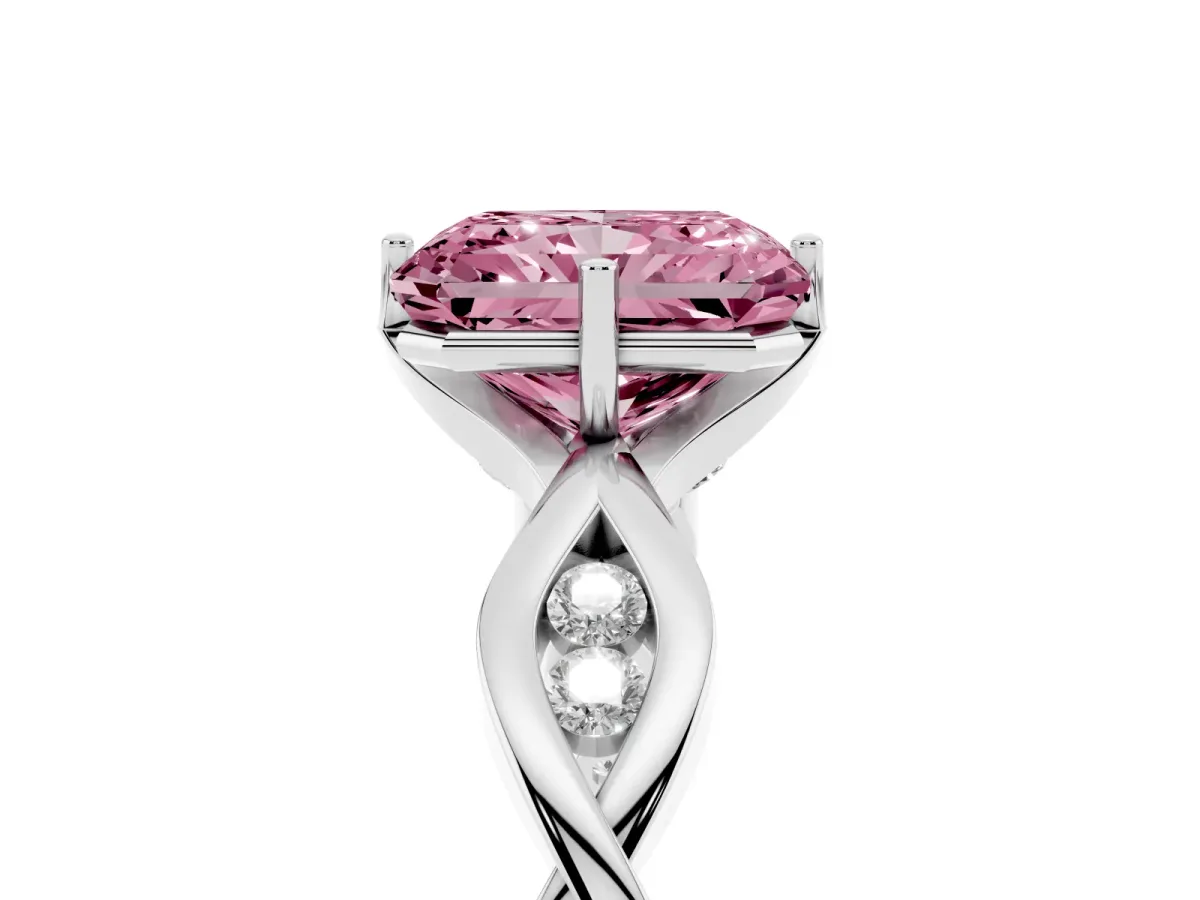 Fancy Pink Radiant Cut Solitaire Twist Band with Leaf Prong Setting Silver