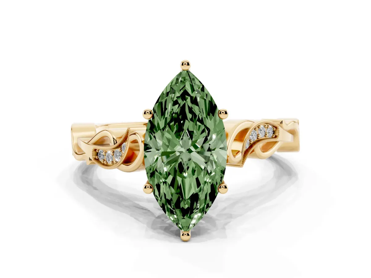 Fancy Green Marquise Cut Solitaire Vine Band with Milgrain Prong Setting Yellow gold