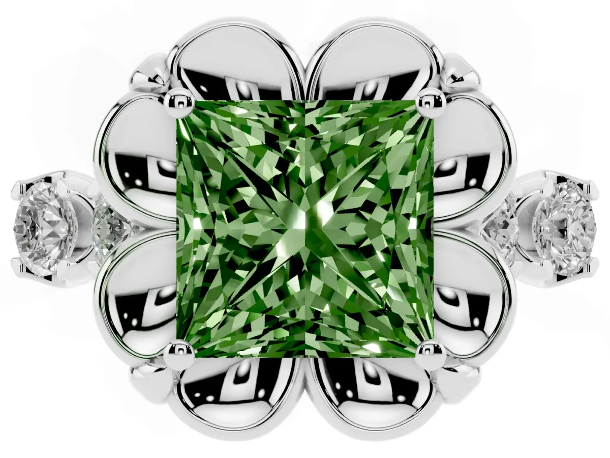 Fancy Green Princess Cut Cut Diamond Floral Halo Engagement Ring with Shared Prong Setting Platinum