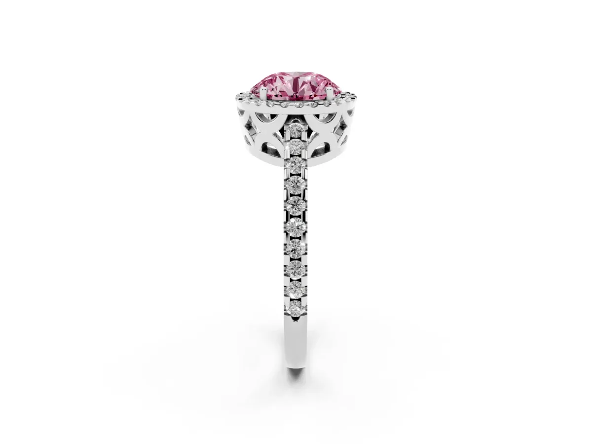 Fancy Pink Round Cut Diamond Halo Engagement Ring with Pavé Band and Prong Setting Platinum