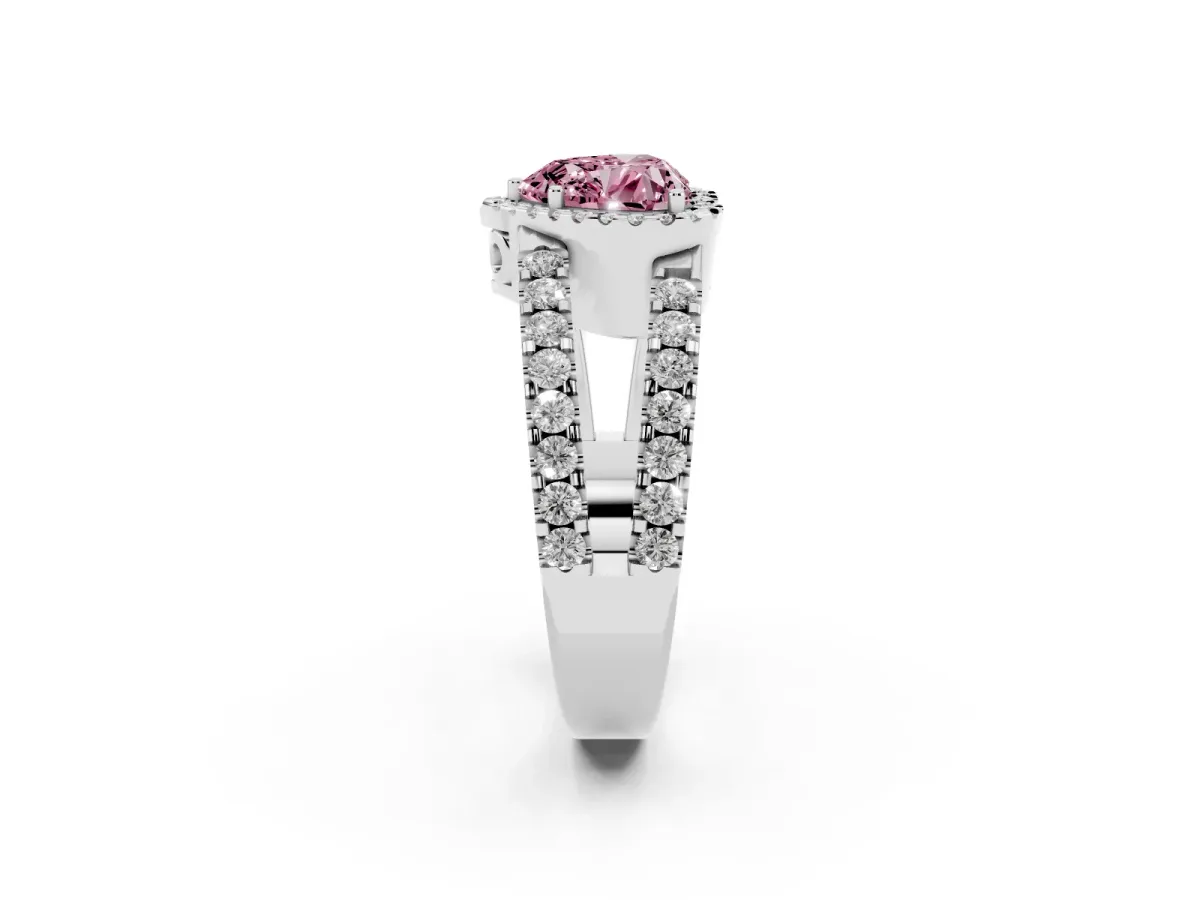 Fancy Pink Heart Cut Cut Halo Split Shank Diamond Ring with Four-Prong Setting Silver